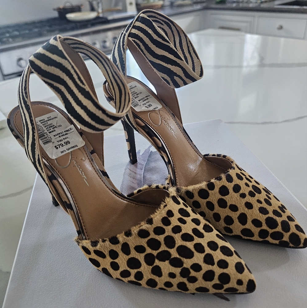 Jessica Simpson Black and Tan Patterned Heels